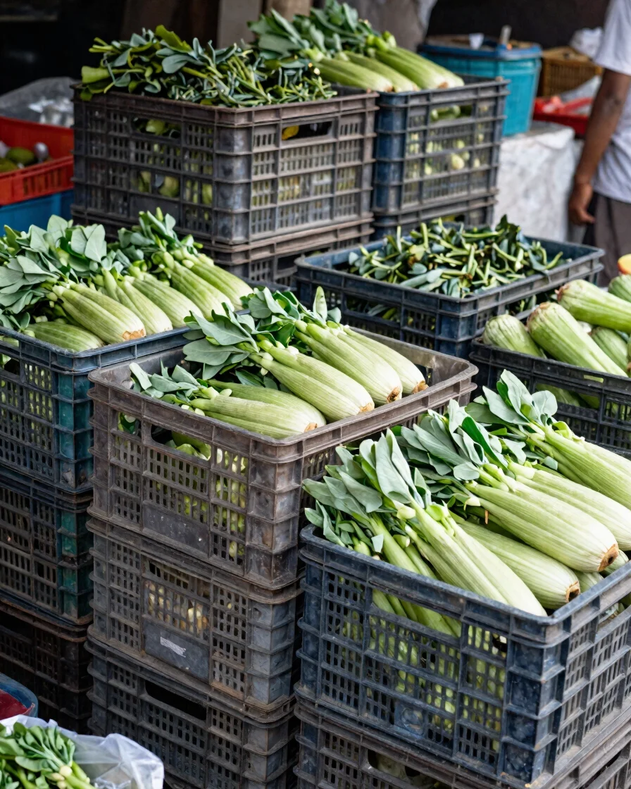 Documentary editorial photograph of sorted fresh produce crates s