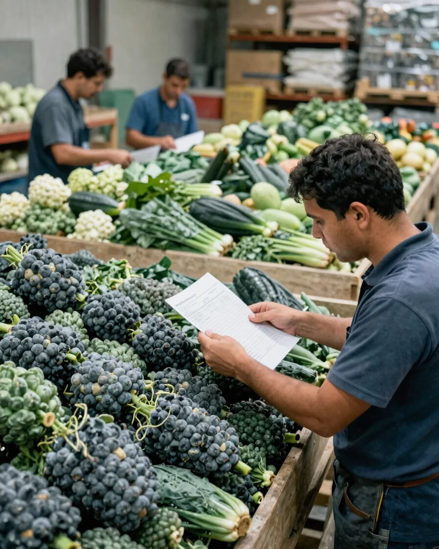 Documentary photograph of a warehouse team checking produce lots