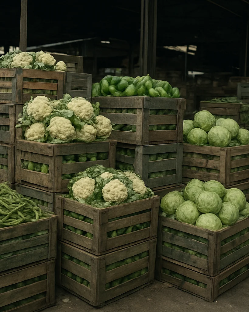 Documentary editorial photograph of stacked crates of fresh produce at Azadpur wholesale market, natural daylight, reali