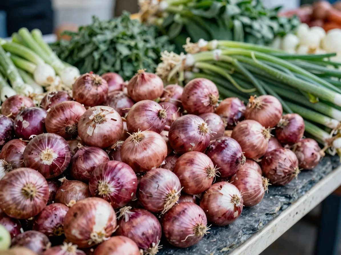 Close documentary detail of graded red onions being sorted on a w