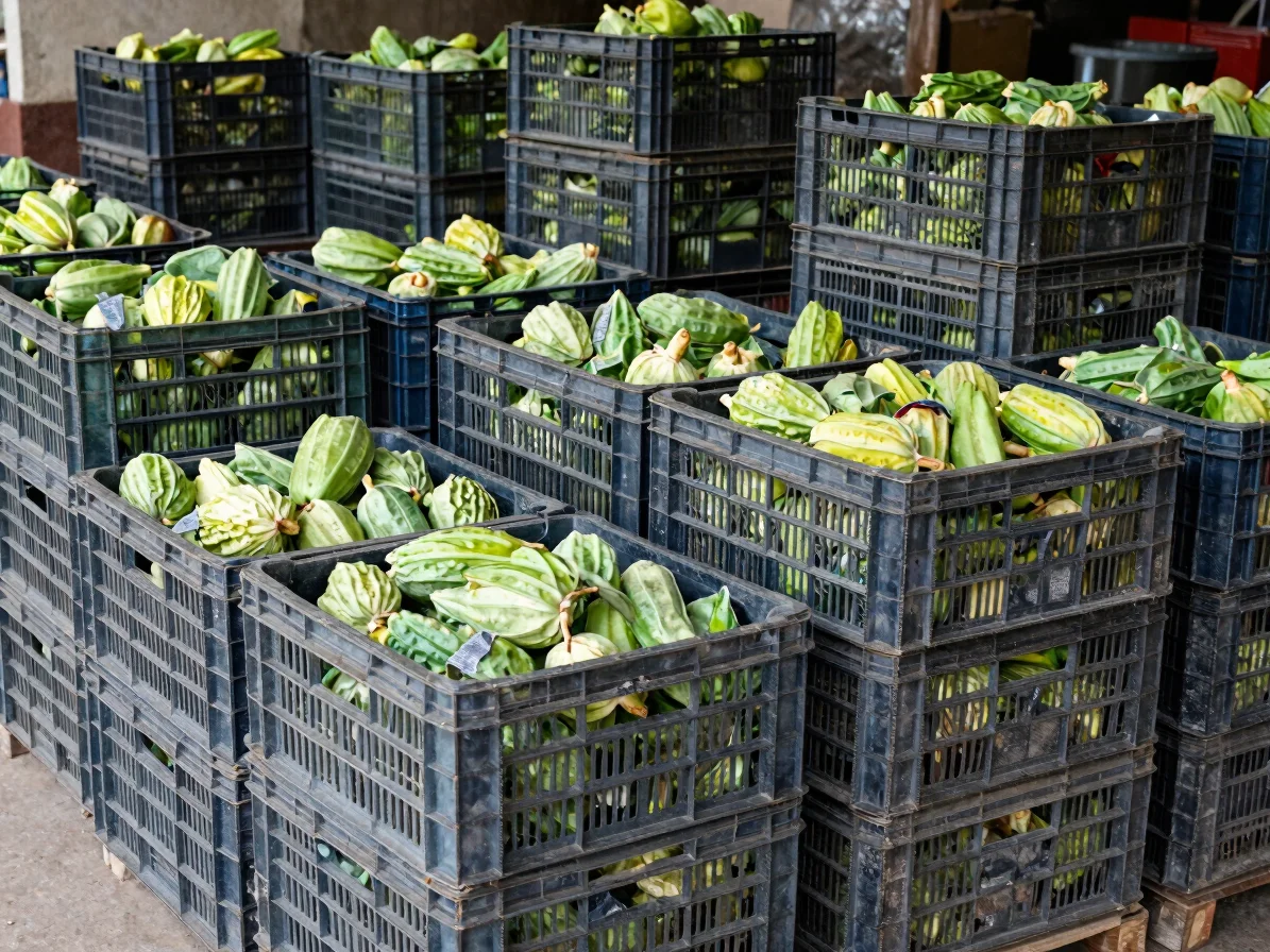 Wide environmental view of produce crates stacked in a warehouse