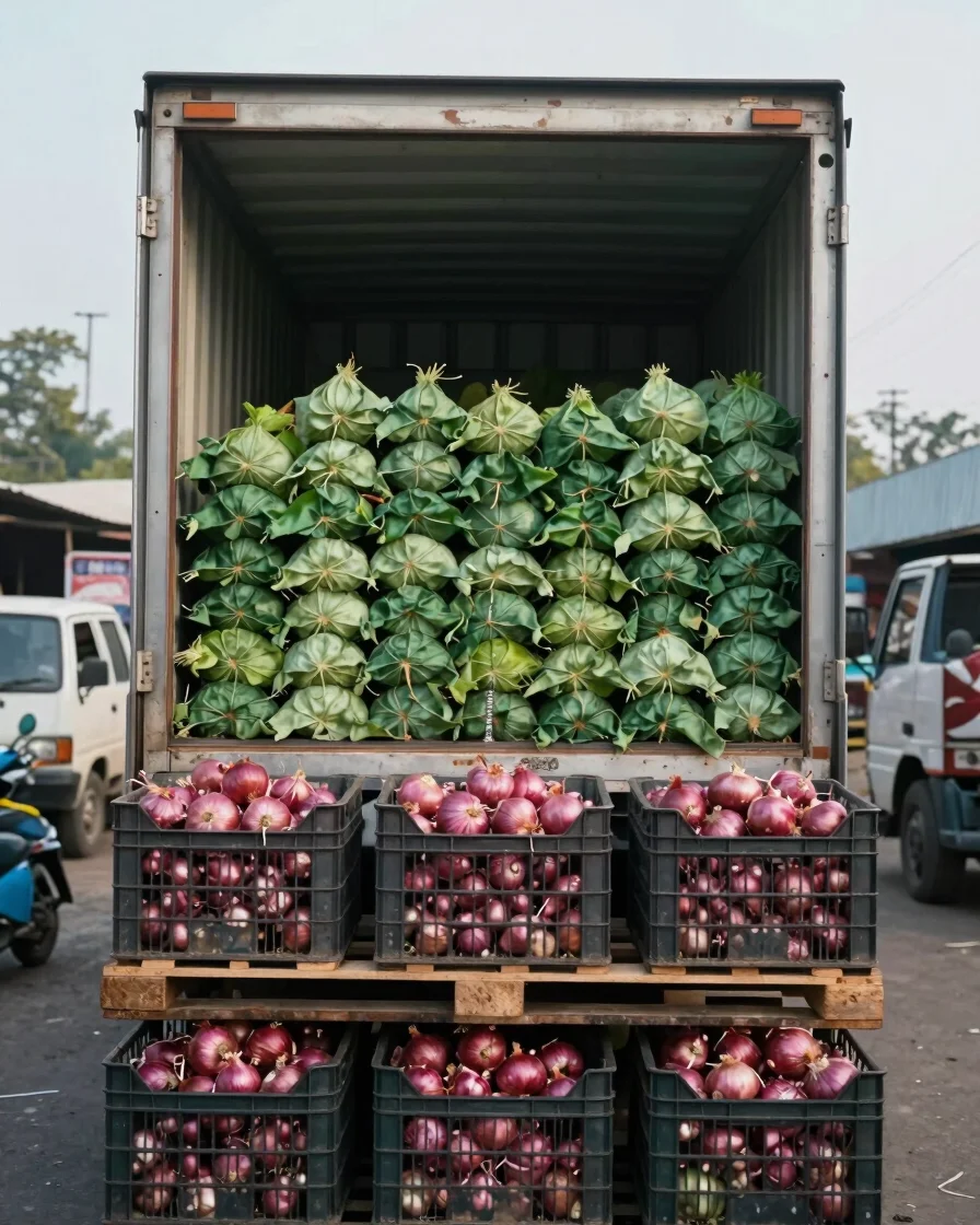 Wide documentary photograph of a refrigerated produce truck loading at an early-morning Azadpur wholesale yard, crates o