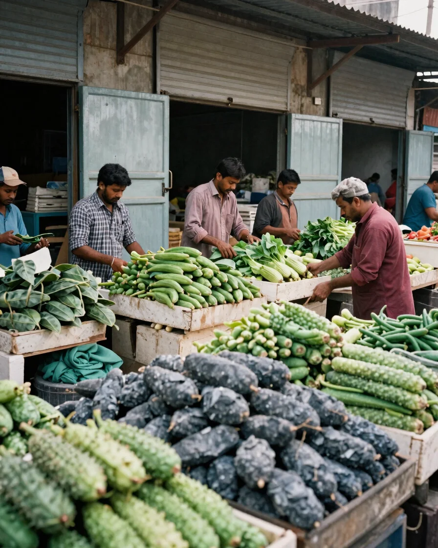 Documentary editorial photograph of the Azadpur wholesale market